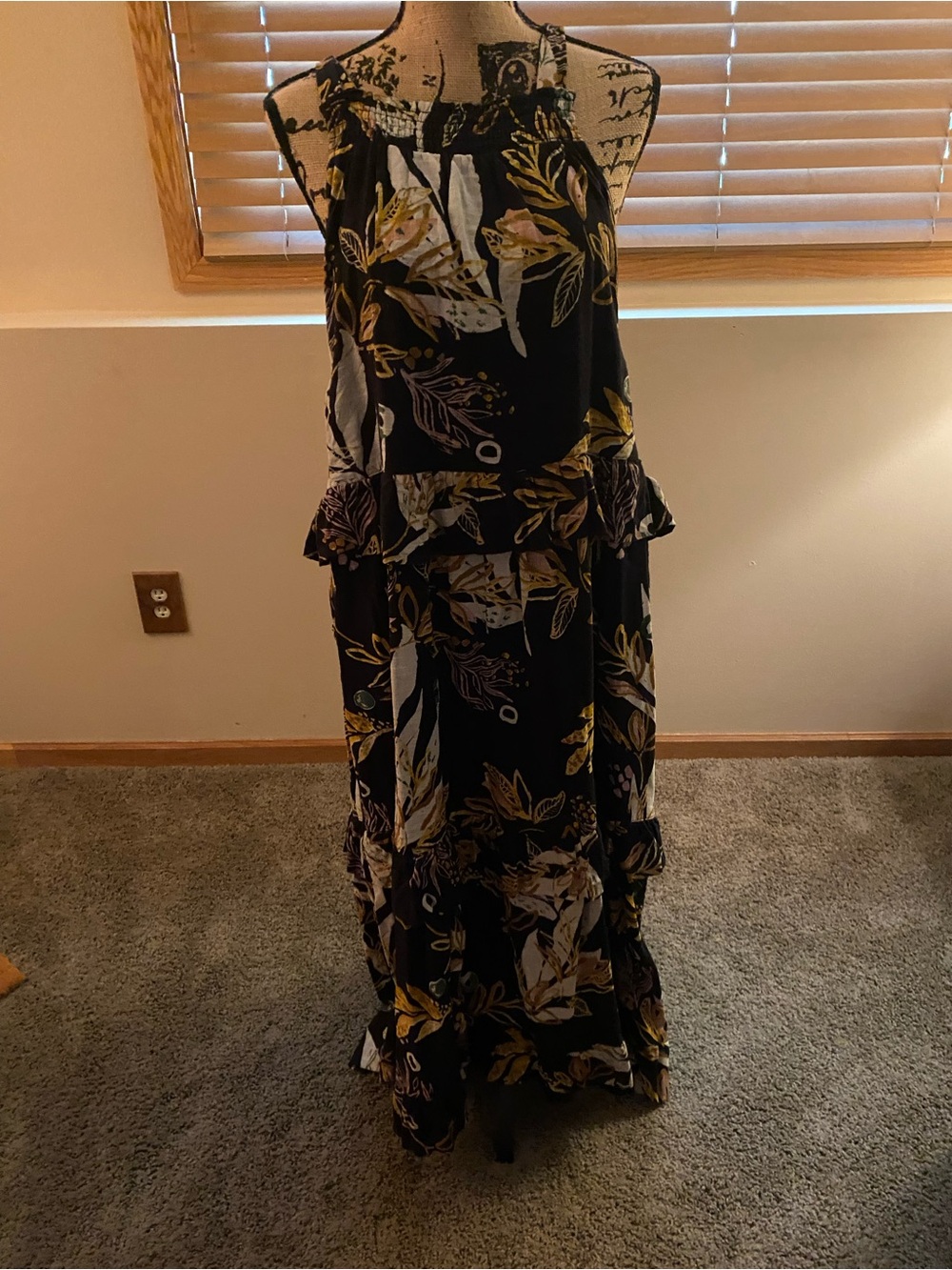 Free People Black Maxi Dress with Yellow and Cream Floral Print